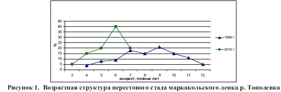 Возрастная структура нерестового стада маркакольского ленка р. Тополевка в 1990 и 2010 годах