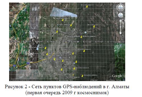 Сеть пунктов GPS-наблюдений в г. Алматы (первая очередь 2009 г космоснимок)