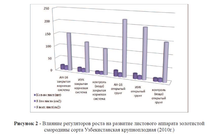 Влияние регуляторов роста на развитие листового аппарата золотистой смородины сорта Узбекистанская крупноплодная (2010г.) 