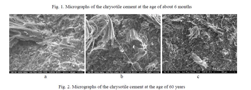 Micrographs of the chrysotile cement at the age of 60 years 