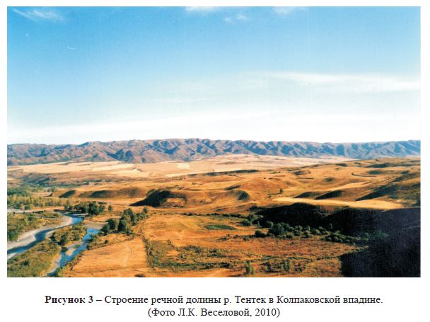 Строение речной долины р. Тентек в Колпаковской впадине. (Фото Л.К. Веселовой, 2010)