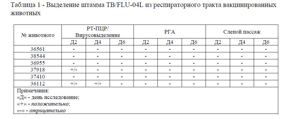  Выделение штамма ТВ/FLU-04L из респираторного тракта вакцинированных животных