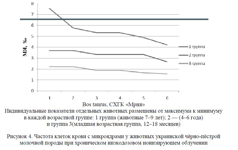 Частота клеток крови с микроядрами у животных украинской чёрно-пёстрой молочной породы при хроническом низкодозовом ионизирующем облучении