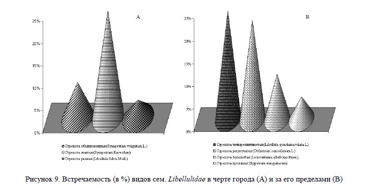 Встречаемость (в %) видов сем. Libellulidae в черте города (А) и за его пределами (В)