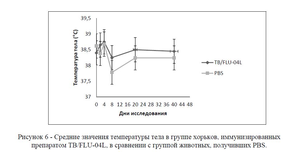 Средние значения температуры тела в группе хорьков, иммунизированных препаратом ТВ/FLU-04L, в сравнении с группой животных, получивших PBS