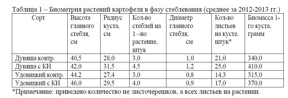 Биометрия растений картофеля в фазу стеблевания (среднее за 2012-2013 гг.)