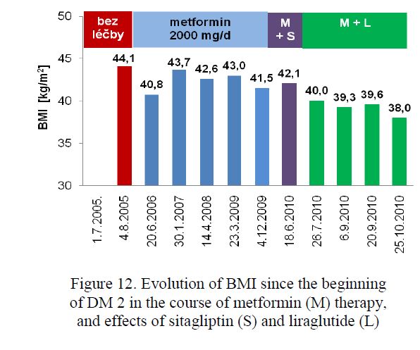 Evolution of BMI since the beginning of DM 2 in the course of metformin (M) therapy, and effects of sitagliptin (S) and liraglutide (L)