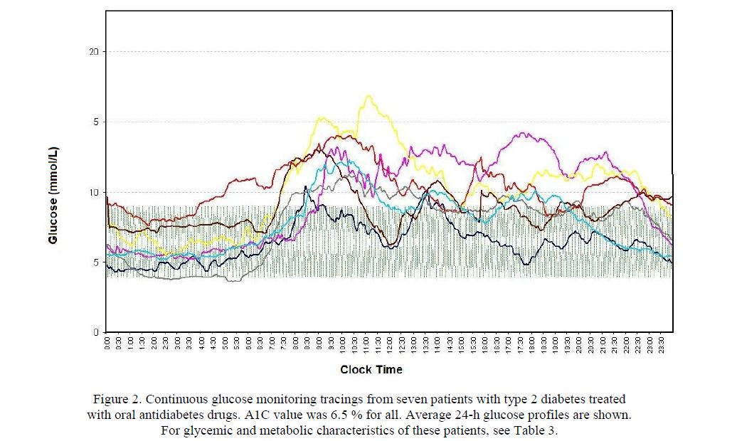 Continuous glucose monitoring tracings from seven patients with type 2 diabetes treated with oral antidiabetes drugs. A1C value was 6.5 % for all. Average 24-h glucose profiles are shown.