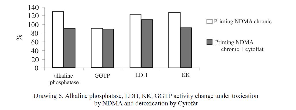Alkaline phosphatase, LDH, KK, GGTP activity change under toxication by NDMA and detoxication by Cytofat