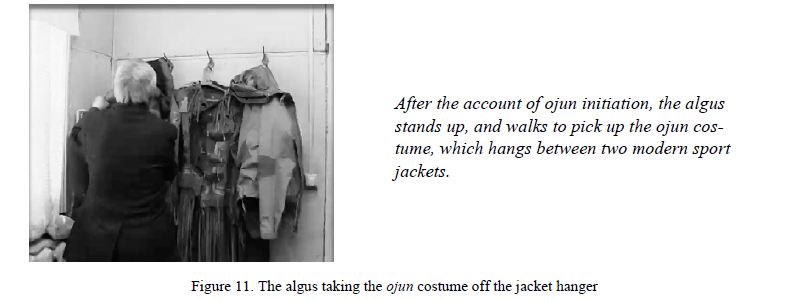The algus taking the ojun costume off the jacket hanger