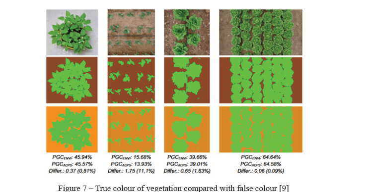 True colour of vegetation compared with false colour [9] The figure above shows that false colour allows better segmentation of plants and soil.