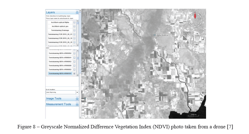 Greyscale Normalized Difference Vegetation Index (NDVI) photo taken from a drone 